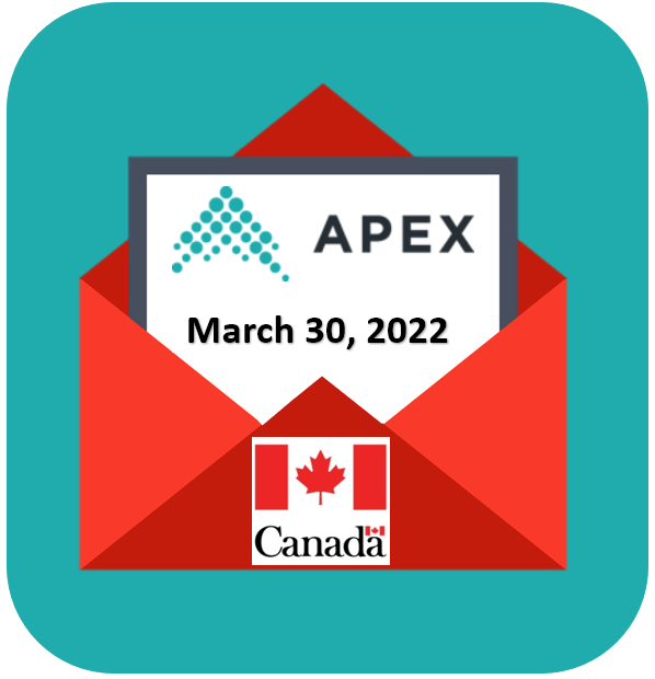 Icon of an email being sent to Government of Canada from APEX, dated March 30, 2022