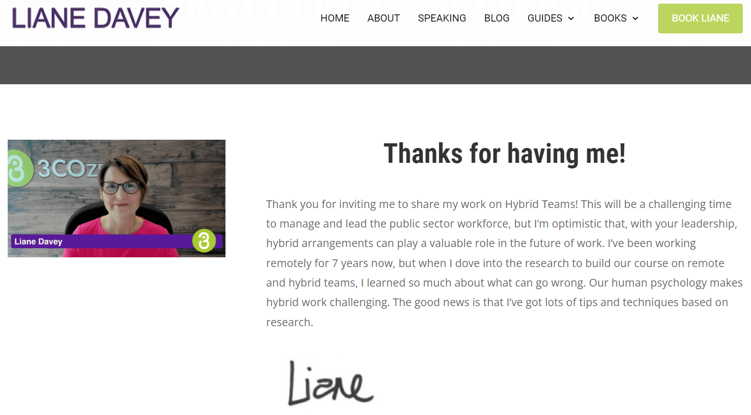 Picture of Liane's website landing page