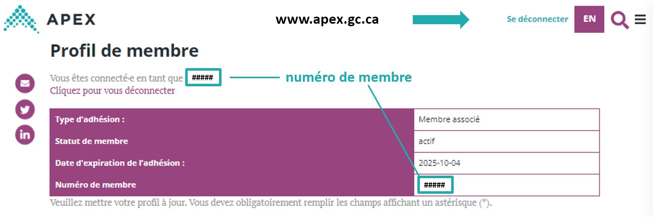 Capture d'écran montrant la page du profil du membre. Deux flèches indiquent l'emplacement du numéro de membre (en haut sous le titre et dans la dernière cellule du tableau).