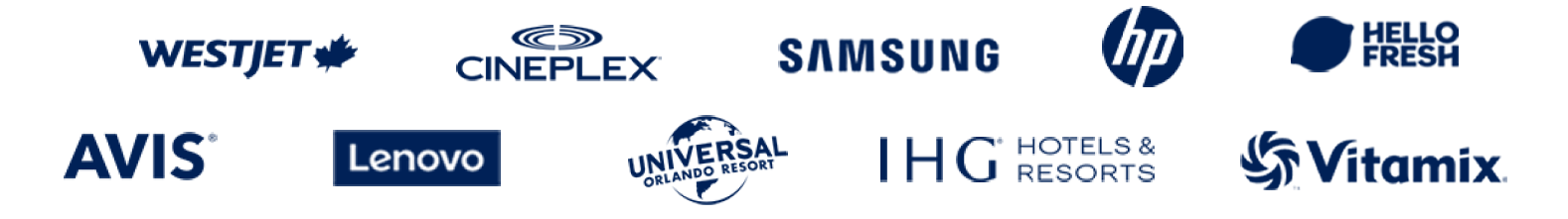 Logos from brands accesible via Perkopolis: Westjet, Cineplex, Samsung, HP, Hello Fresh, AVIS, Lenovo, Universal Orlando Resort, IHG Hotels & Resorts, Vitamix
