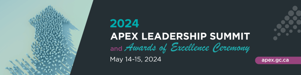 Promotional image for 2024 APEX Leadership Summit and Awards of Excellence Ceremony: May 14-15, 2024. Text written next to an image of people coming together to form an upward facing arrow. 